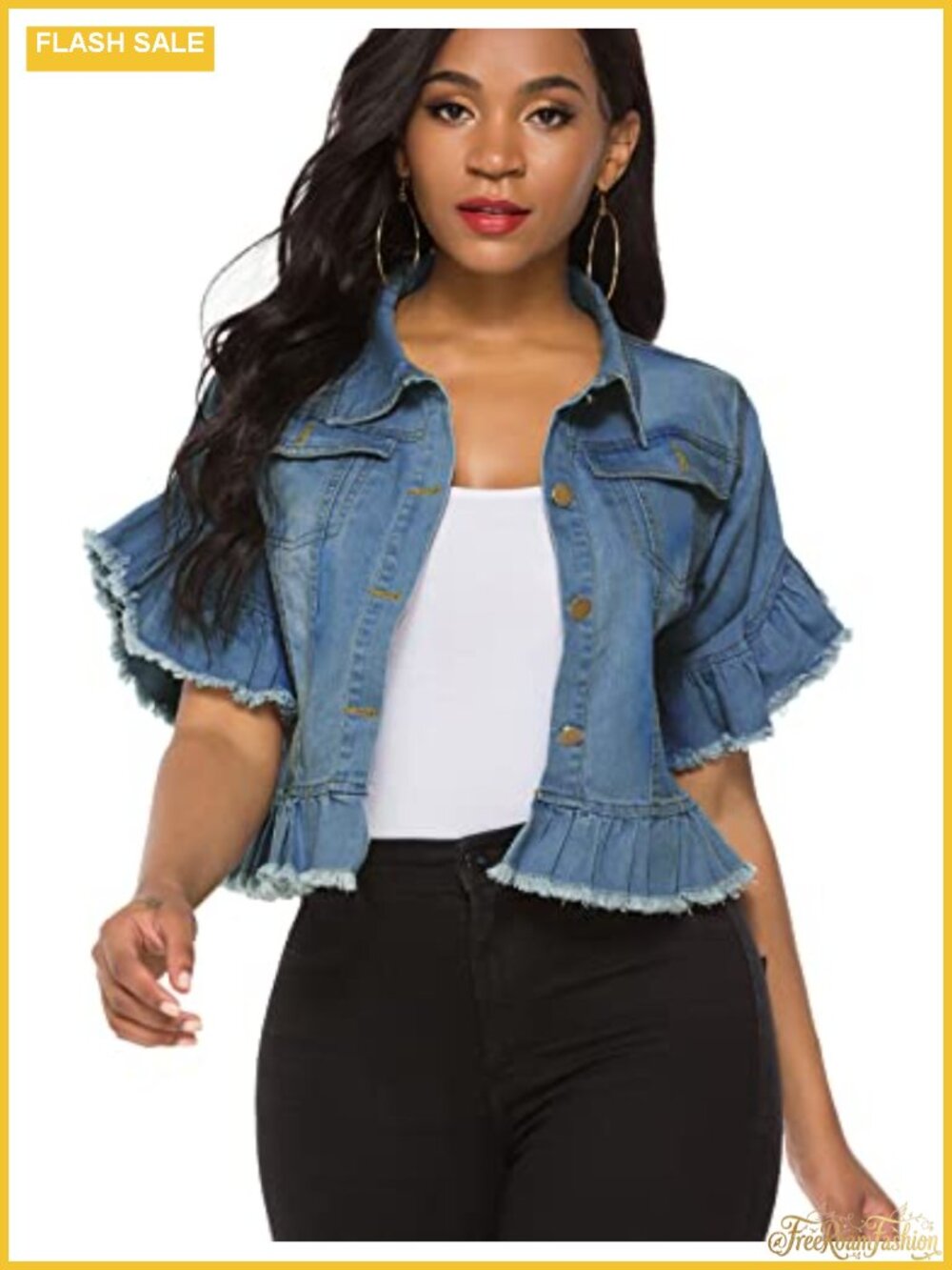 Ruffled Sleeve Cropped Denim Jacket Lightweight Cotton